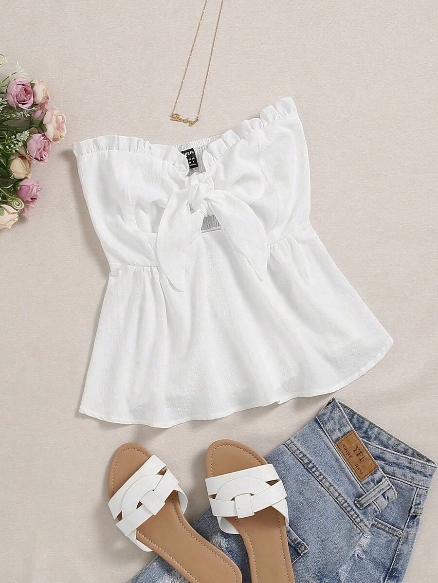 GlowEve Solid Color Pleated Bandeau Top - White - View 1