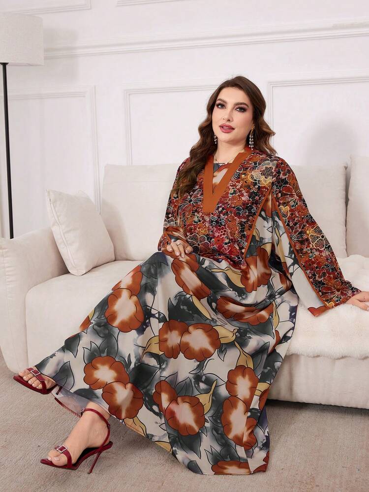 Plus Size Loose Fit Printed Arabian Casual Clothes With Flared Sleeves, Homewear Jalabiya, Casual Long Sleeve Dress