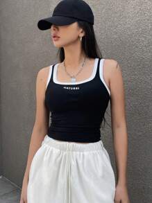 DAZY Letter Print Colorblock Trim U Neck Slim Fit Cropped Tank Top For Women - Black and White - View 1
