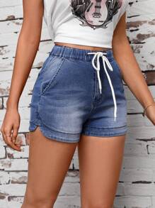 EMERY ROSE Women's Drawstring Denim Shorts With Slanted Pockets - Blue - View 3