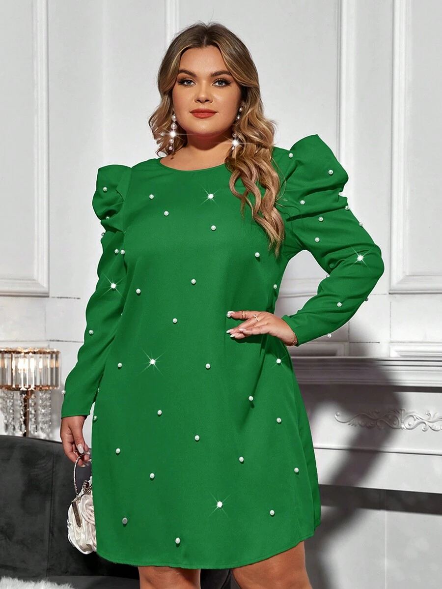 SHEIN Clasi Kích thước lớn Của phụ nữ Kết cườm Tay áo chân cừu Đầm - màu xanh lá - Xem 1