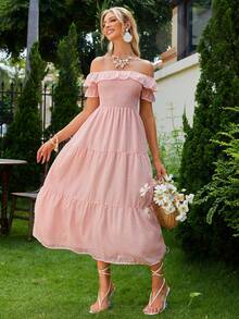 Simplee Women Off-The-Shoulder Ruffle Hem Dress - Pink - View 4
