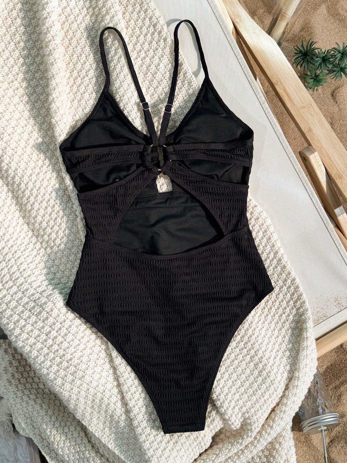 Swim Basics Maiô Com Alça Espaguete Em Cor Sólida Com Uma Peça - Preto - Visão 5