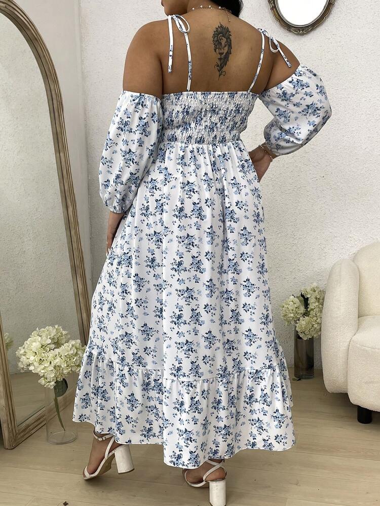 Plus Size Women's Off Shoulder Full Flower Print Dress