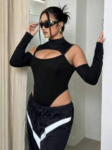 SHEIN ICON Plus Size Y2k Black Bodycon Cut Out Shoulder Bodysuit - Black - View 1