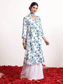 Divindia Women's Floral Print Hollow Out Dress Style Long Sleeve Kurta - Blue - View 7