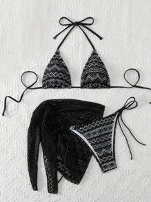 SHEIN Swim Conjunto de bikini de tres piezas con abertura para mujer, para playa de verano - Negro - Ver 7