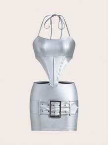 SHEIN ICON Y2k Damen Silber Metallic Stoff Halter Neck Cut Out Taille Bodycon Kleid - Silber - Übersicht 7