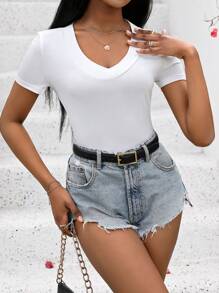 SHEIN Qutie Ladies' Solid Color V-Neck Short Sleeve T-Shirt - White - View 1