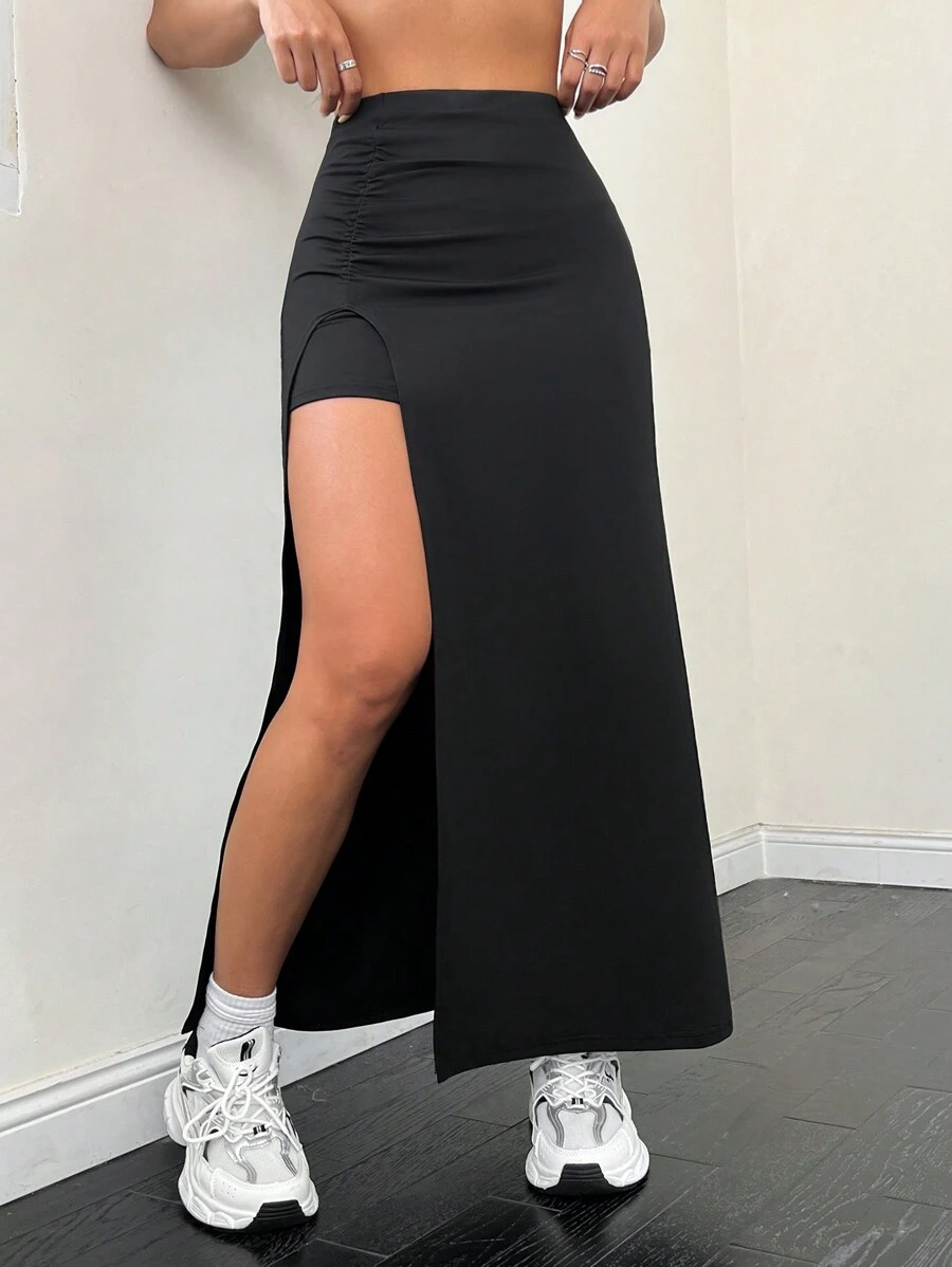 SHEIN EZwear 纯色褶皱开叉裙，女士休闲褶皱，开叉大腿中长紧身自然黑色纯色女式裙子，春季/秋季，休闲日常穿着 - 黑色 - 查看 1