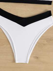 SHEIN Swim 拼色分体比基尼套装 夏日海滩 - 黑與白 - 查看 6