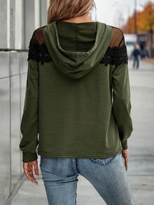 SHEIN LUNE 女士蕾丝与网眼撞色连帽衫 - 綠色 - 查看 2