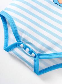SHEIN Playful Pals Bộ đồ hai mảnh cổ tròn sọc bé trai & quần short cho mùa xuân hè - Màu xanh lam - Xem 6