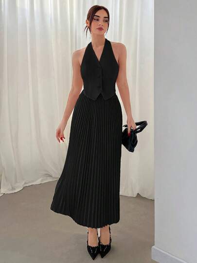 SHEIN 女士情人节挂脖单排扣背心和百褶裙两件套秋冬