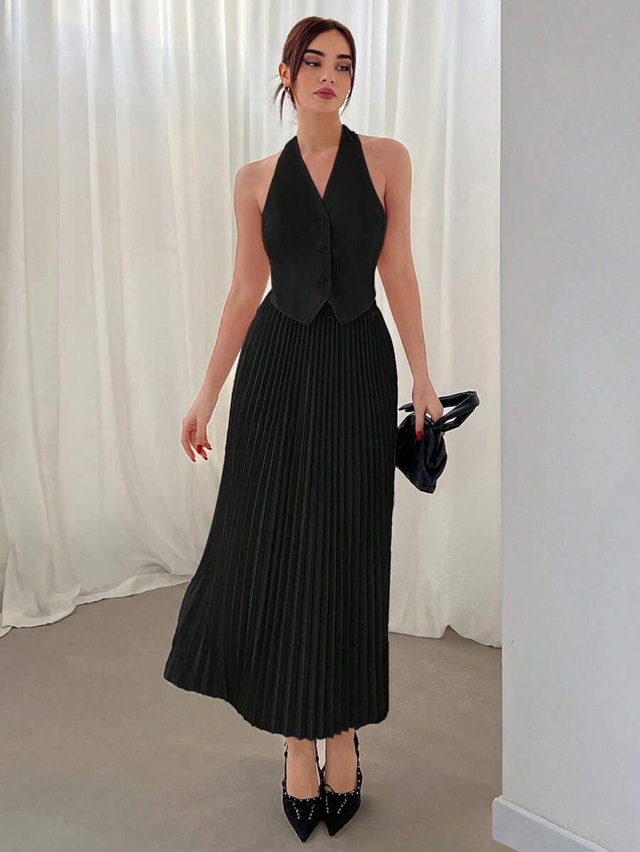 SHEIN 女士情人节挂脖单排扣背心和百褶裙两件套秋冬 - 黑色 - 查看 1