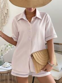 Breezaya Women's Casual Solid Color Two Pieces Outfit With Fishnet Splicing - Apricot - View 3