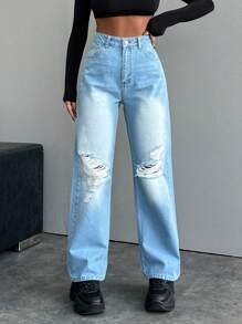 EURMUSE Ladies' Ripped Straight Jeans - Light Wash - View 3