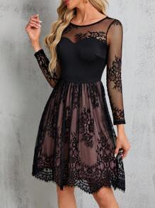SHEIN Clasi Lace Patchwork Belted Dress, Semi Formal Dress