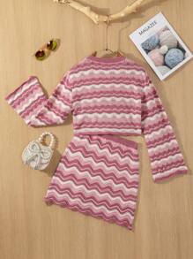 少女鬆身大波浪圖案毛衣和裙子休閒套裝