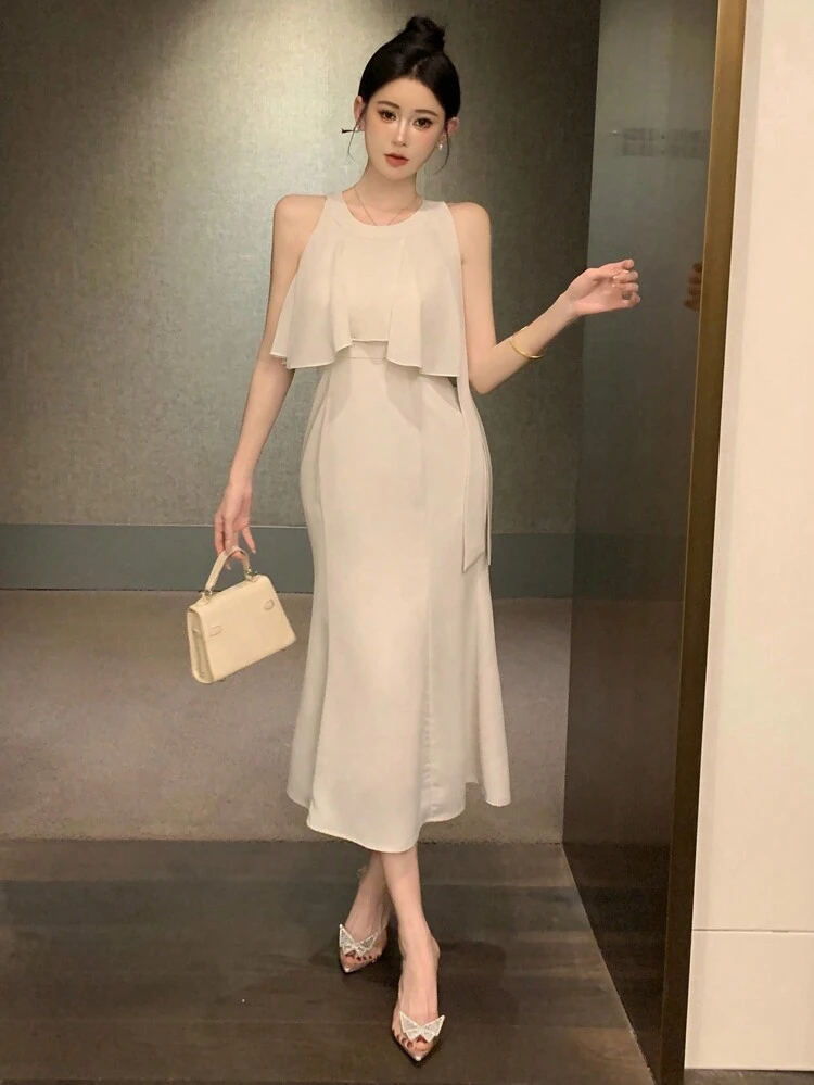 Women's Elegant Round Neck Sleeveless Dress With Cinching Waist, Birthday Prom Dress,Ruffle