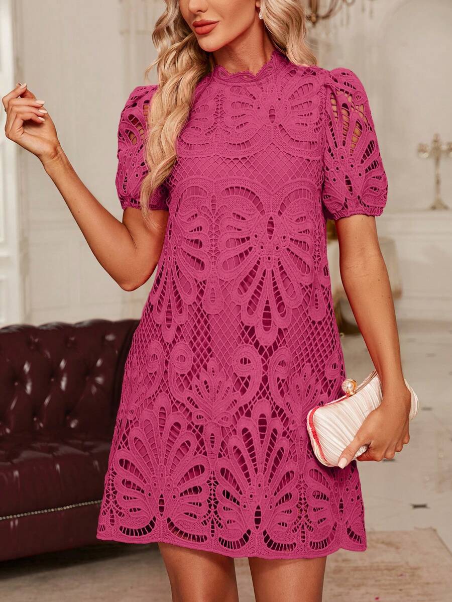 SHEIN Clasi Pink Lace Dress - Rose Red - View 1
