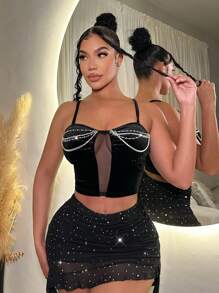 SHEIN SXY Women's Sleeveless Top With Rhinestone, Pearl And Chain Decorated Shoulder Straps - Black - View 3