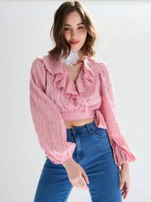Enchnt Textured Romantic Pink Top With Ruffle Trim And Decorative Edge, For Date, Spring - Coral Pink - View 1