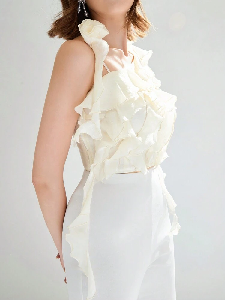 Blusa Tessuta Informale Con Spalle Asimmetriche Ed Orlo Sfrangiato, Top Estivo Per Concerti