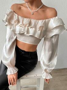 SHEIN Allurite Women's Off Shoulder Ruffle Trim Blouse - Apricot - View 7