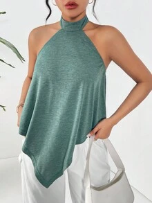 SHEIN Essnce Asymmetrical Hem Halter Top #Easter - Army Green - View 5