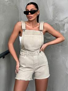 SHEIN Cottnline Women's Frayed Denim Overall Shorts - Brown - View 3