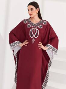 Al Najma 勃艮第红女款蝙蝠袖印花连衣裙 - 酒紅色 - 查看 4