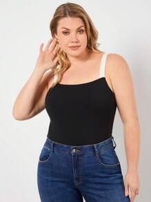 SHEIN BASICS 大尺碼女士顏色拼接背心連體衣 - 黑色 - 查看 1