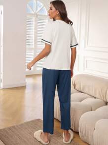 Floral Print Striped Trim Drop Shoulder Top & Pants Lounge Set Outfit - Navy Blue - View 2