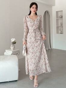 DAZY 女士灯笼袖迷你碎花连衣裙，荷叶边，秋季长袖连衣裙，度假装扮 - 白色 - 查看 3