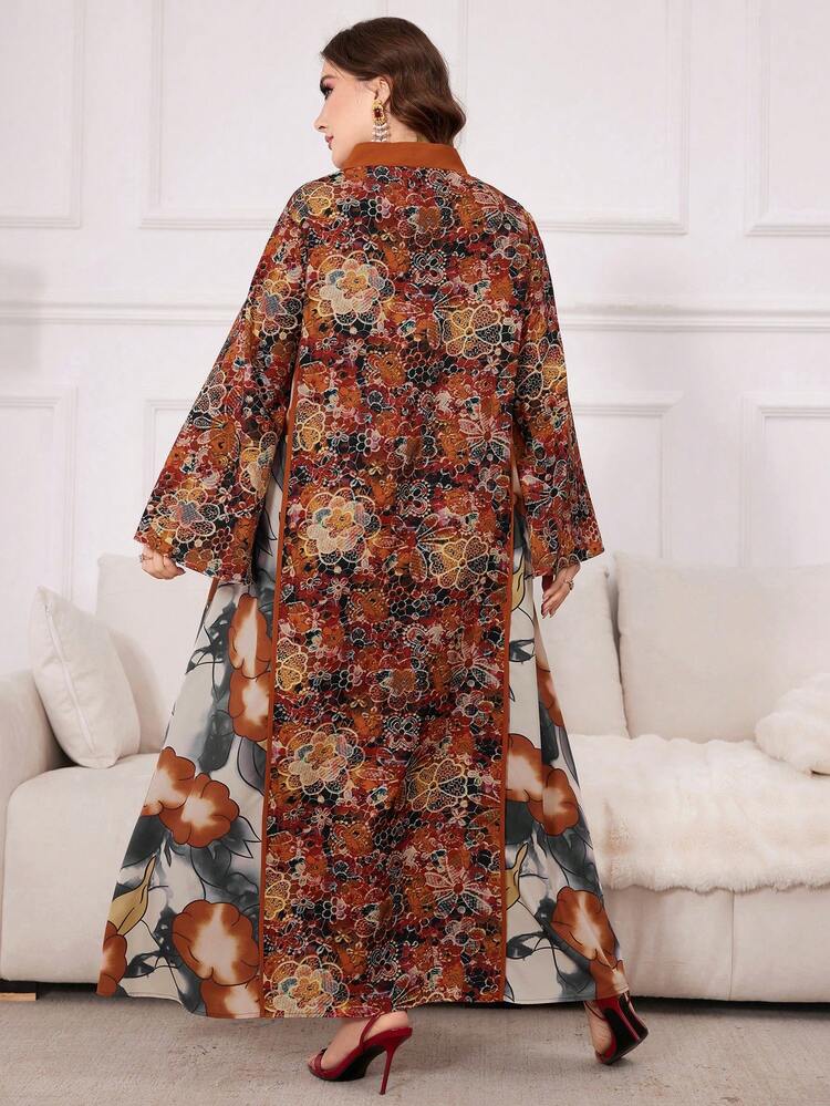 Plus Size Loose Fit Printed Arabian Casual Clothes With Flared Sleeves, Homewear Jalabiya, Casual Long Sleeve Dress