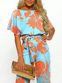 Women's Floral Print High-Waisted Jumpsuit - Multicolor - View 3