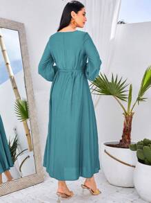 Al Najma 女士花卉刺绣七分灯笼袖连衣裙，端庄 - 藍色 - 查看 2