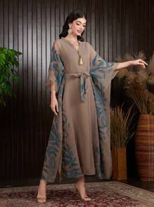 Al Najma Embroidered Notched Collar Batwing Sleeve Dress, Modest Kaftan - Khaki - View 7