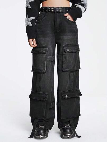 Grunge Punk Jeans cargo con bolsillo con solapa y detalle de hebilla, para la escuela