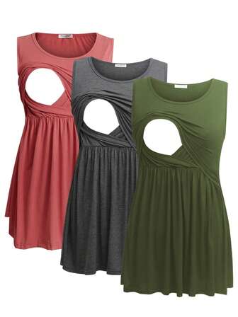 Solid Color Maternity Nursing Clothes Round Neck Ruffle Hem Tank Top