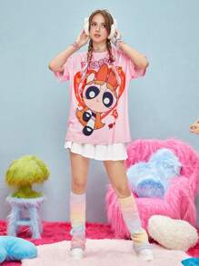 The Powerpuff Girls | ROMWE Loose Fit Cartoon Print Oversized T-Shirt - Pink - View 3