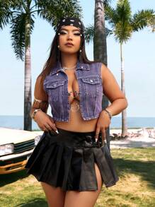 SHEIN ICON Sleeveless Blue Denim Jacket, Washed - Purple - View 6