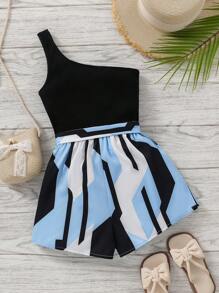 SHEIN 青少年女孩流行編織彩塊單肩連身褲，運動風格 - 黑色 - 查看 2