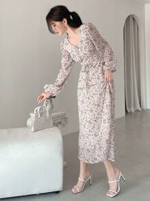 DAZY 女士灯笼袖迷你碎花连衣裙，荷叶边，秋季长袖连衣裙，度假装扮 - 白色 - 查看 4