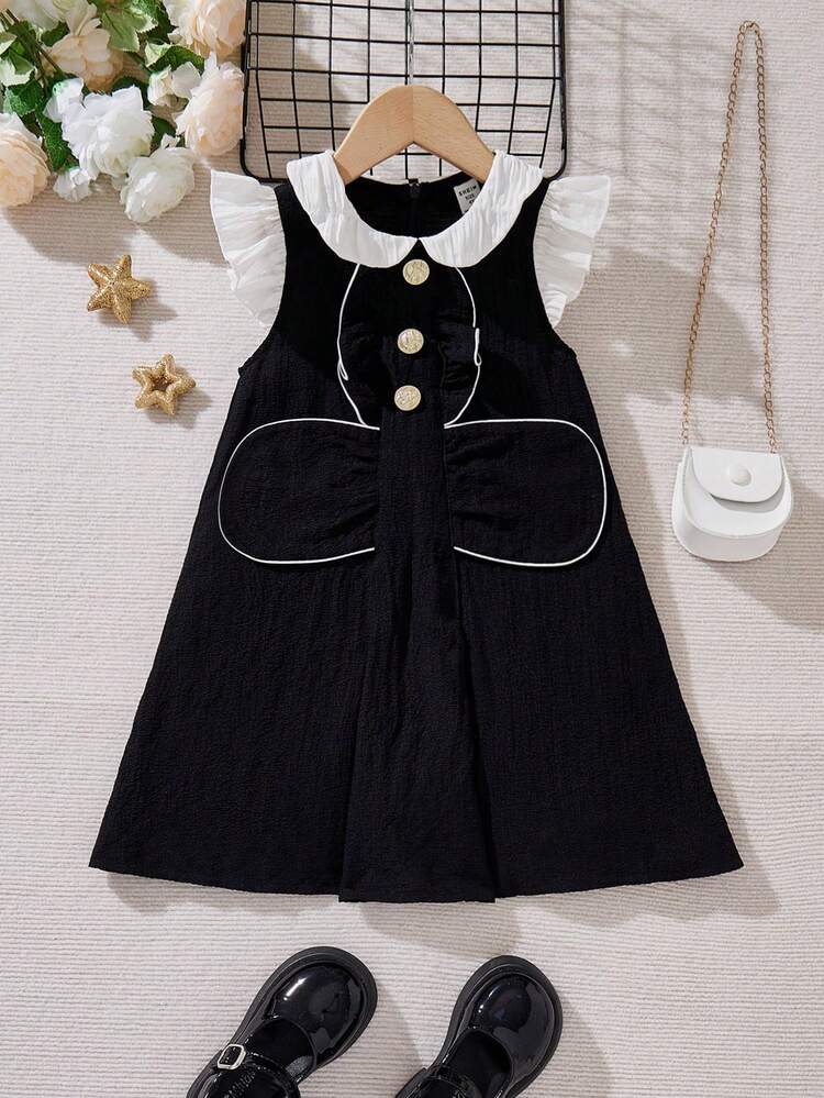 Young Girl Sweetheart Color Block Peter Pan Collar Midi Dress With Short Cap Sleeve