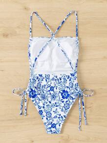 SHEIN Swim 女士简洁修身连体泳衣，花卉印花，侧结设计，适合游泳、度假、夏季海滩穿着 - 藍白色 - 查看 7