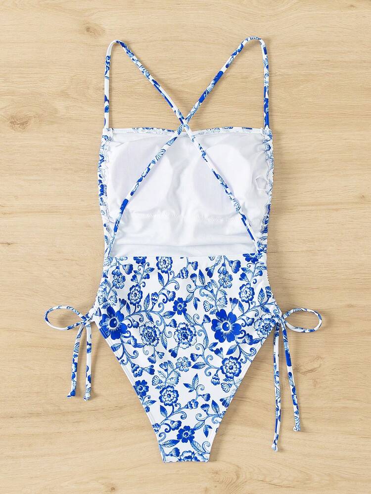 SHEIN Swim 女士简洁修身连体泳衣，花卉印花，侧结设计，适合游泳、度假、夏季海滩穿着 - 藍白色 - 查看 7