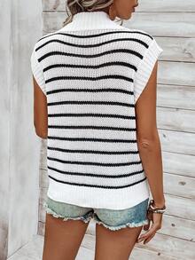 SHEIN Frenchy Sọc Thủ công Dệt kim Tay áo mũ Áo len vest - Đen và trắng - Xem 2