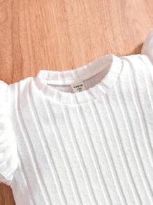 SHEIN Young Girl Comfortable & Simple & Elegant Ribbed Round-Neck Top And Overall Houndstooth Skirt Two-Piece Set For Summer - White - View 4